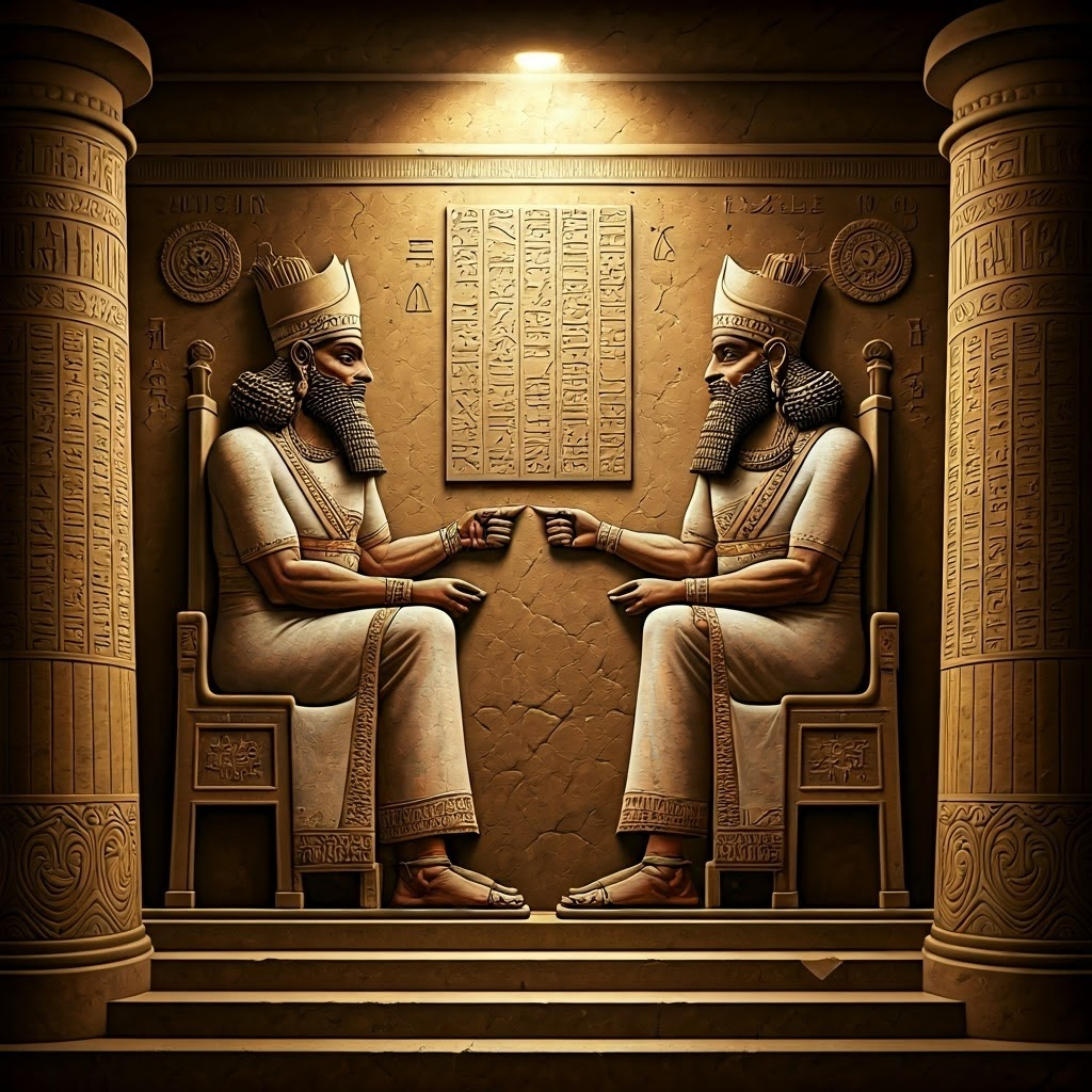 Sumerian king and deity with symbolic wheels behind them, highlighting how new technology merged with myth.