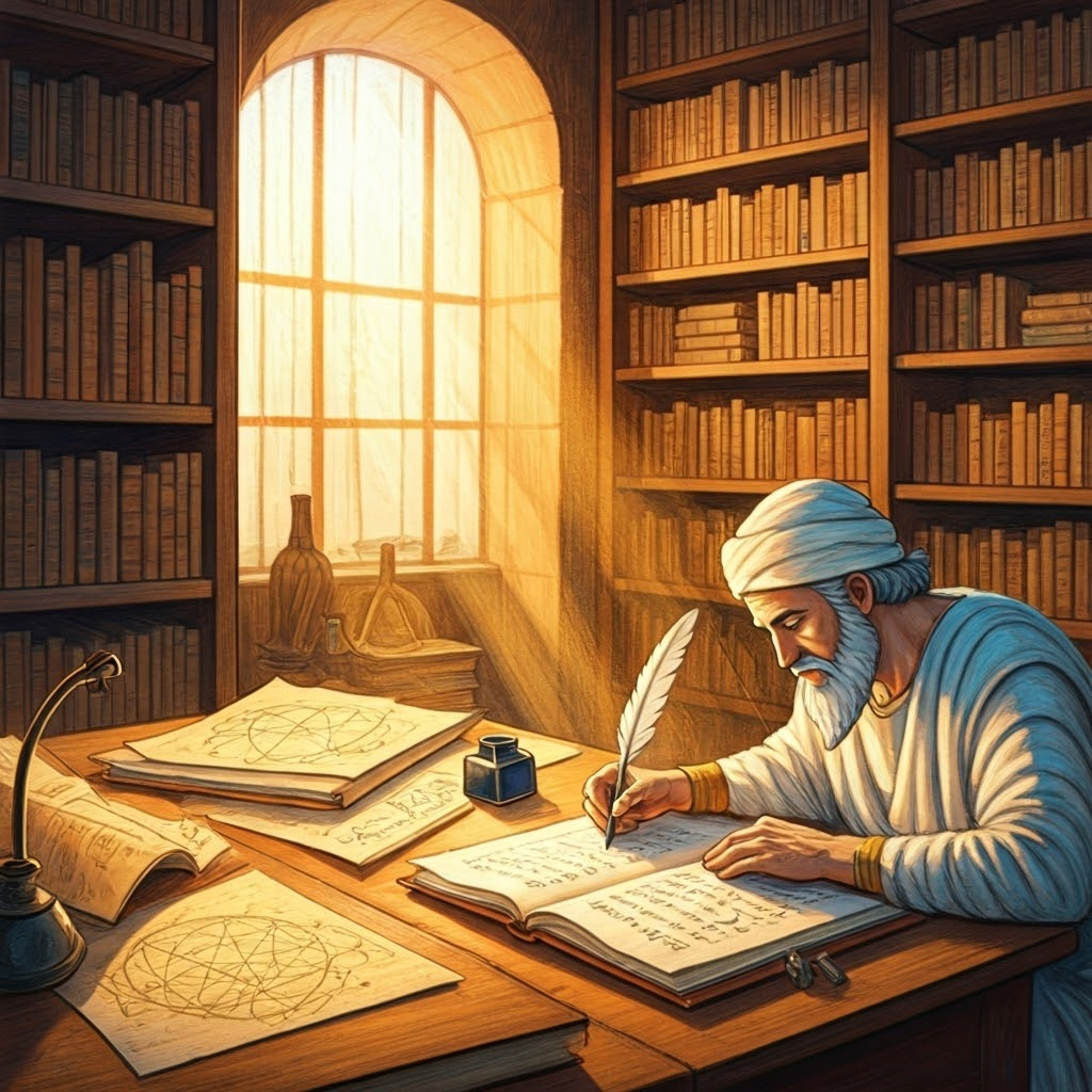 Ancient library scribes copying papyrus scrolls, symbolizing the preservation of world knowledge in Alexandria.