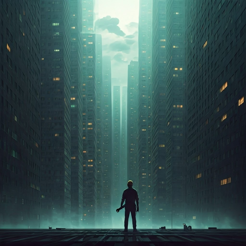 Crowded apartment blocks labeled with IPv4 octets, showing limited address space and a stressed network engineer