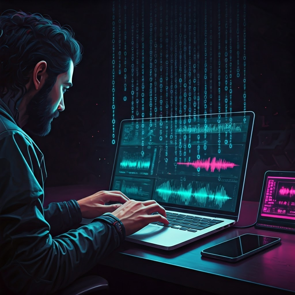 Cyberpunk scene with drifting 0s and 1s around a user typing on a glowing laptop.