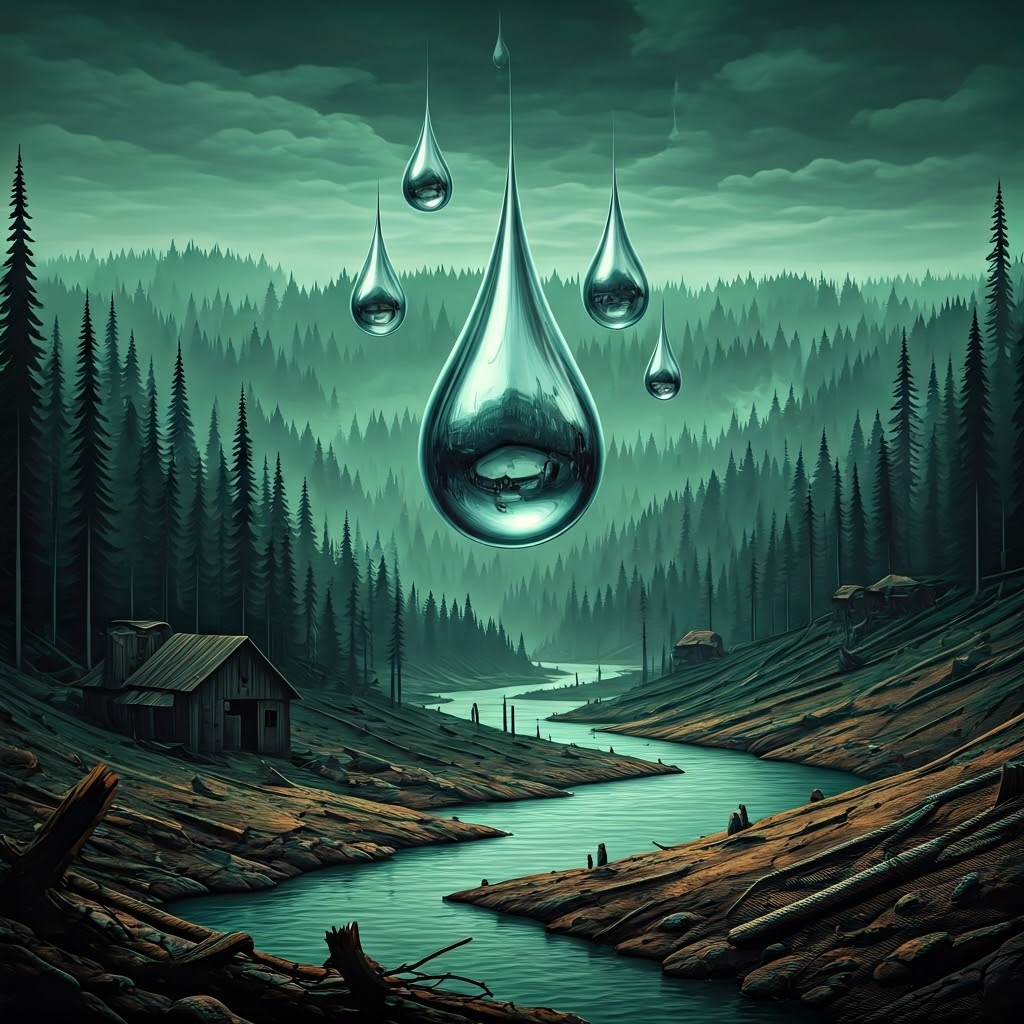 Eerie collage showing mercury-polluted rivers and abandoned Andean mines, symbolizing environmental toll of silver boom.