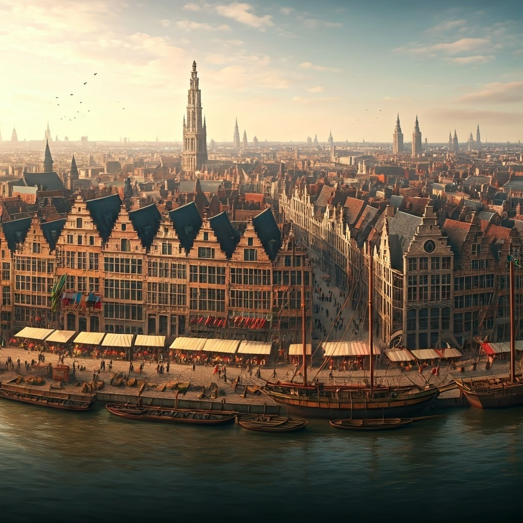 Aerial panorama of 16th-century Antwerp with guild halls, ship masts, and market stalls in morning mist