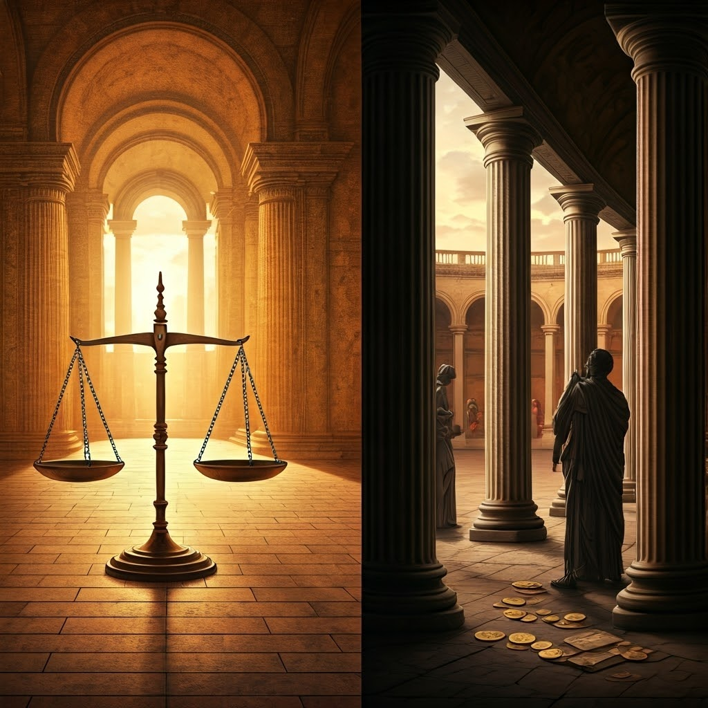 Balanced scales versus secret coin exchange, illustrating order and corruption