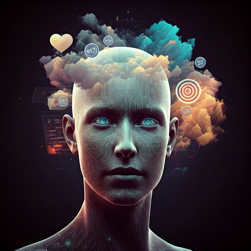Transparent head surrounded by mood and health icons, circuits glowing inside while targeted ads hover nearby, pastel tech-surrealist style.