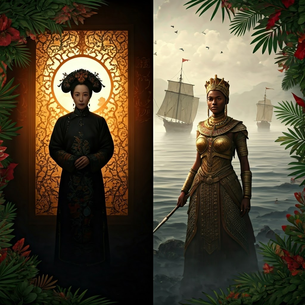 Empress Dowager Cixi behind a silk screen and Queen Nzinga in warrior armor, merging Asian and African power symbols