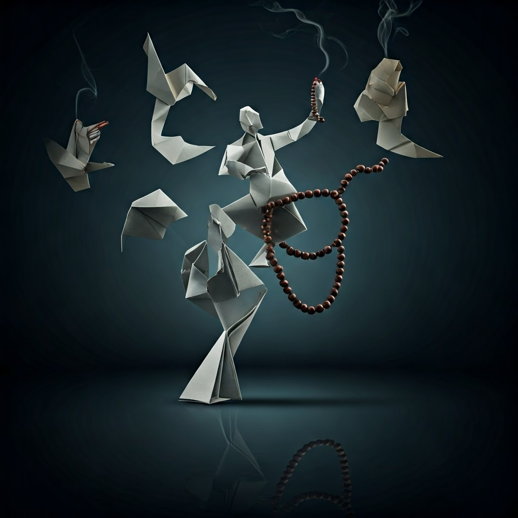 Floating origami figures pray sing and hold beads, symbolizing belief unfolding into daily movement.