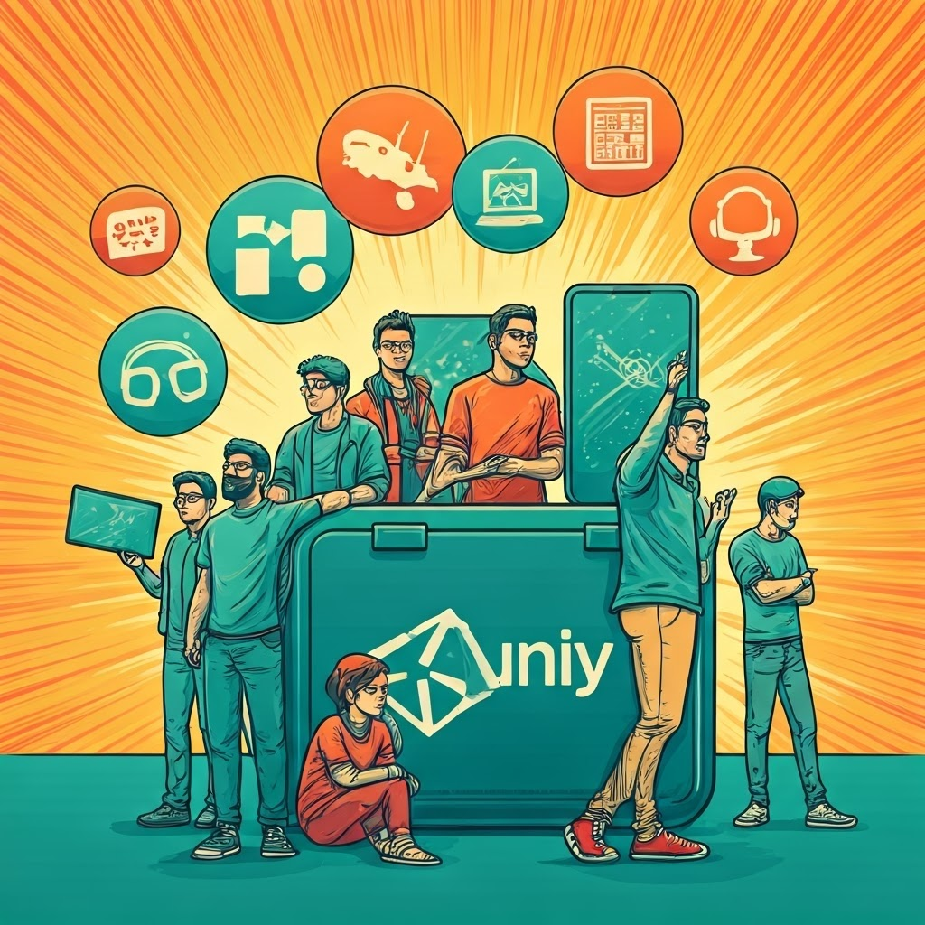 Comic-style team of developers gathered around a toolbox labeled Unity, devices floating overhead