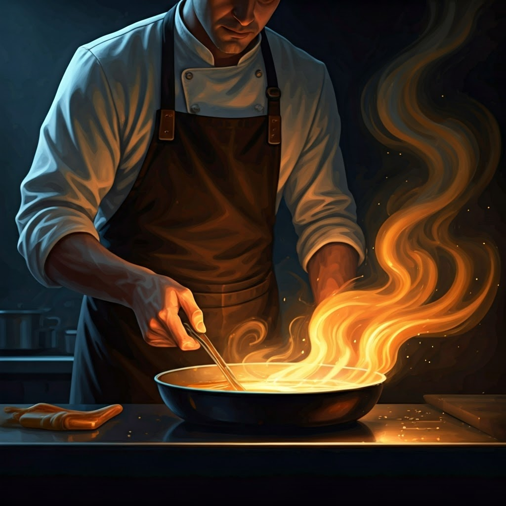 Cook observing amber sugar syrup to illustrate caramelization stages.