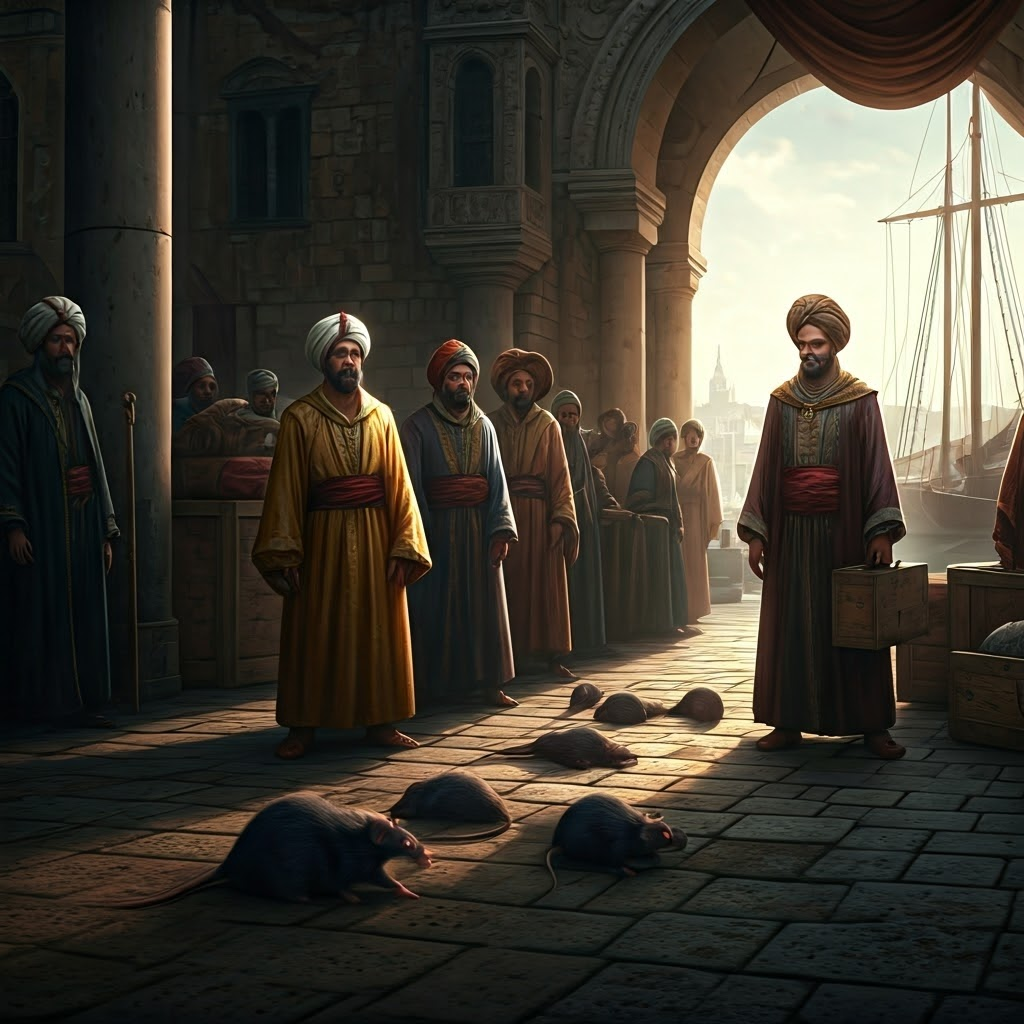 Venetian merchants unload cargo in a Mediterranean harbor as rats scurry among the crates