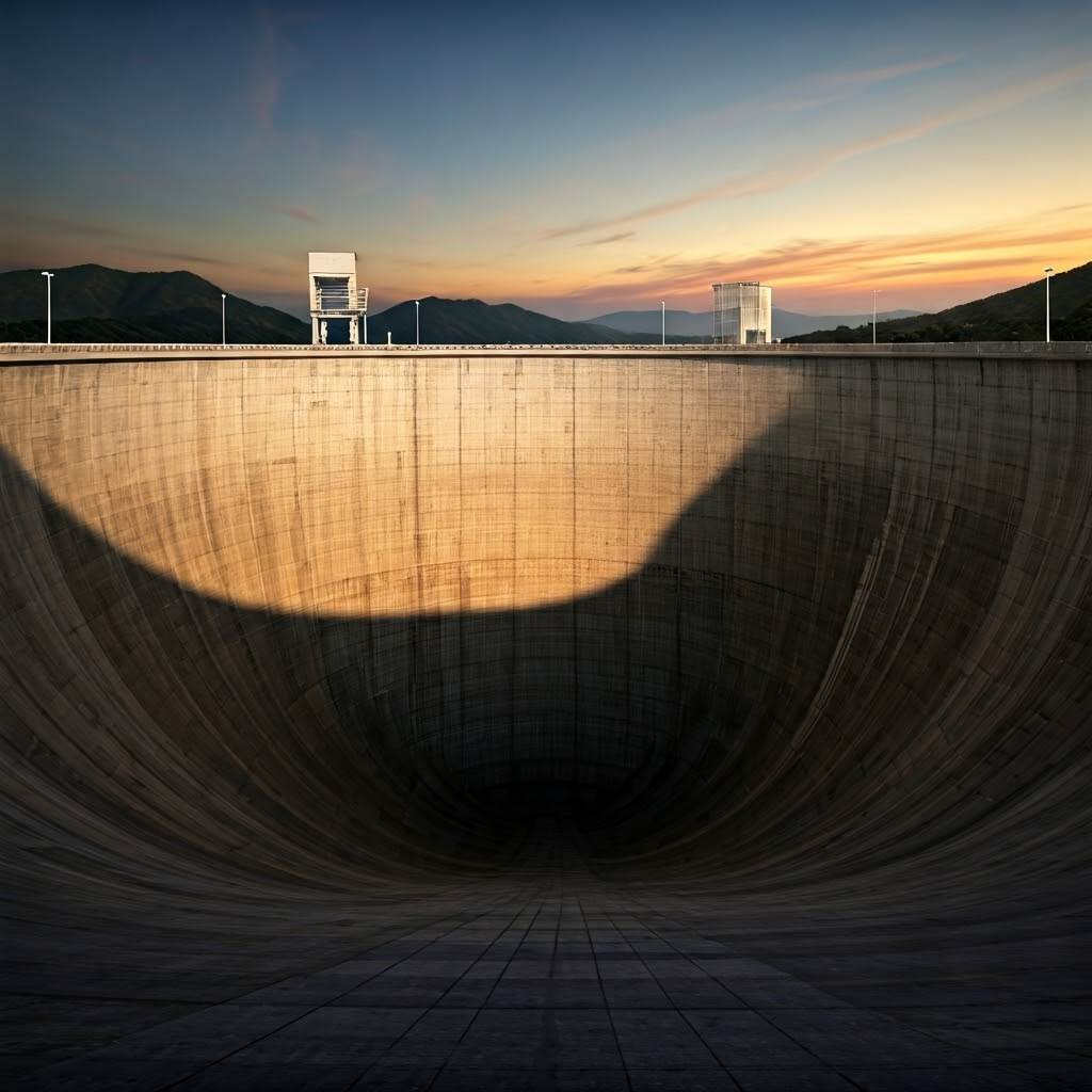 Sunset view of a massive dam with shimmering reservoir and distant mountains