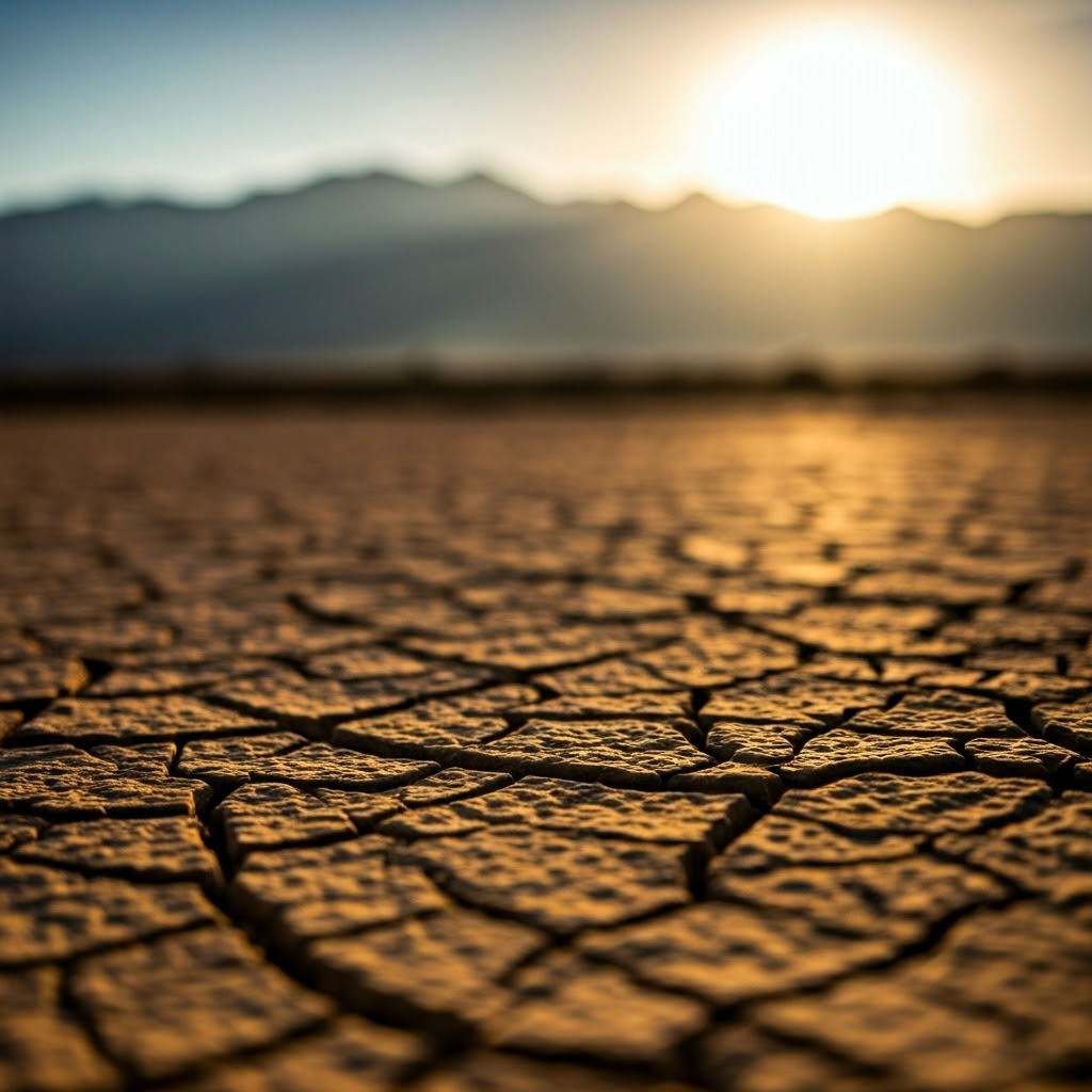 Photorealistic close-up of cracked earth leading to mist-shrouded mountains that block rain, illustrating a rain-shadow desert.