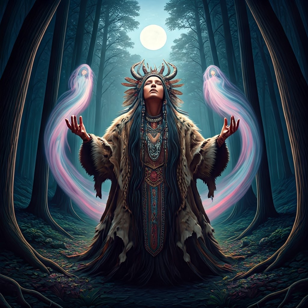 A shaman in animal-hide garments stands in a moonlit clearing, colorful spirits swirling around in a trance-like scene