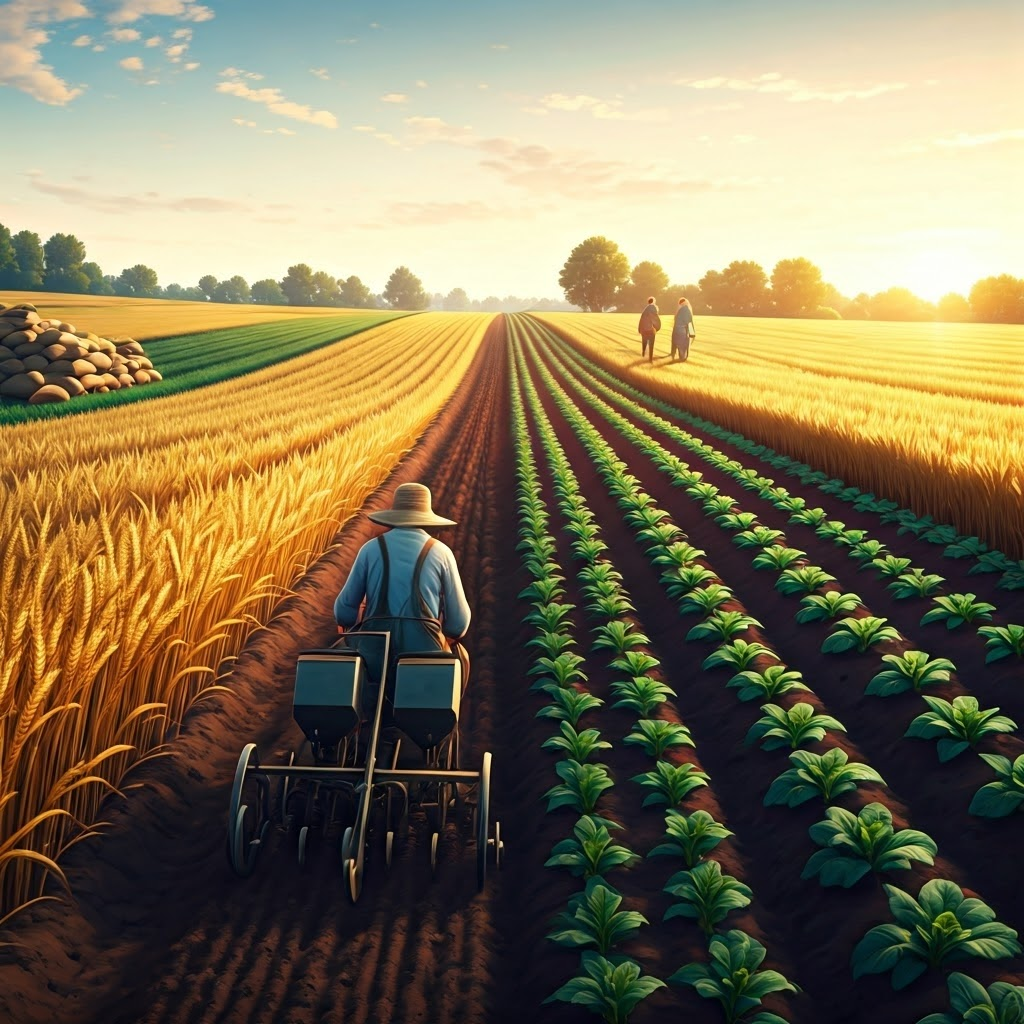 Digital painting of sunlit crop fields with a farmer guiding a brass seed drill and villagers packing grain sacks
