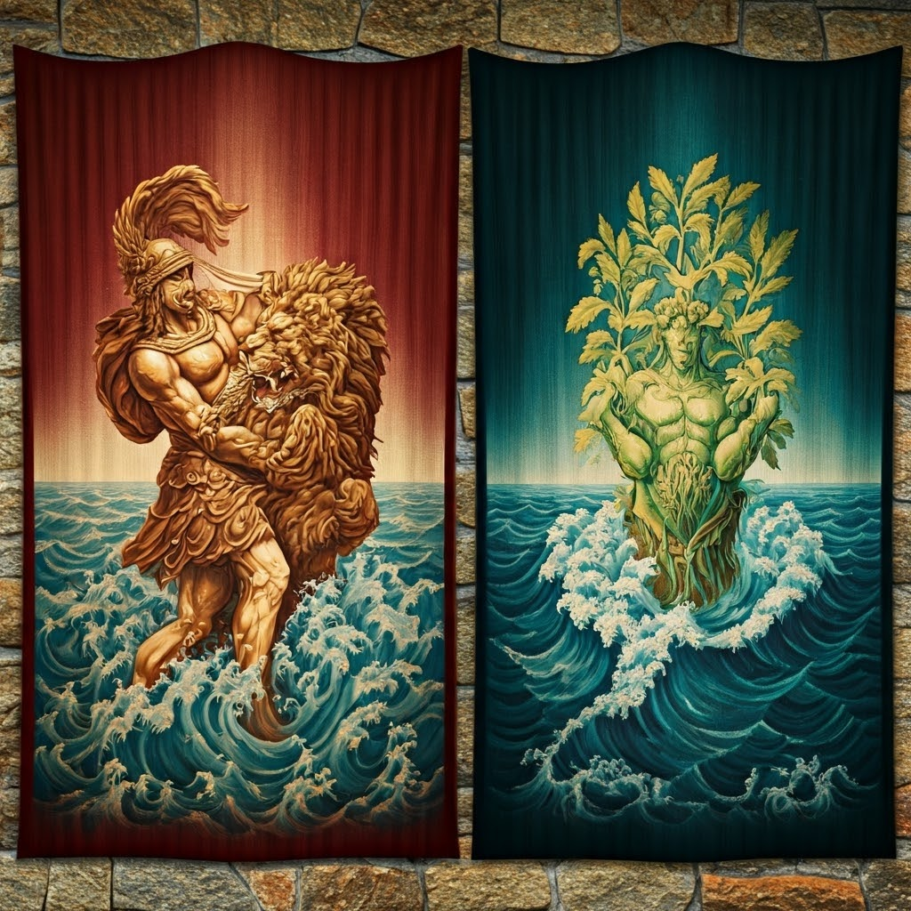 Tapestry shows a hero battling a lion beside a creation scene, symbolizing myth as life’s guide