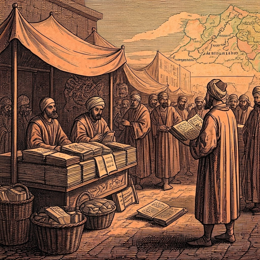 Lively Baghdad market scene where affordable paper fuels book production and scholarly exchange across the Islamic world