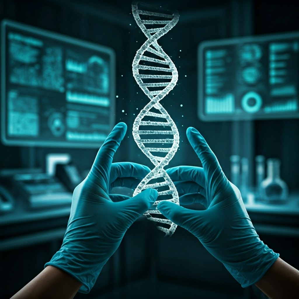 Gloved hands cradle a glowing double-helix model inside a futuristic genetics lab, signaling the precious and permanent nature of DNA data.