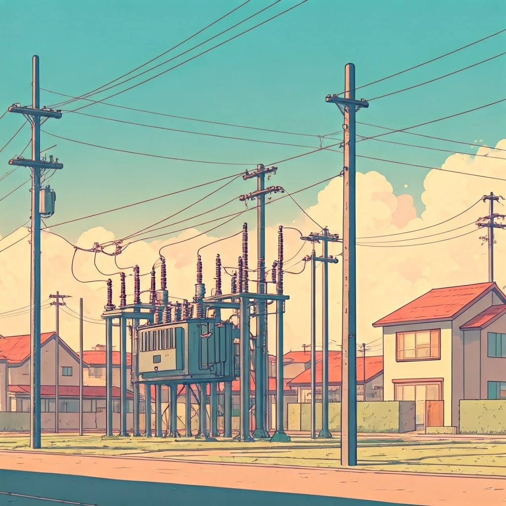 Pastel illustration of a neighborhood substation stepping power down before feeding homes