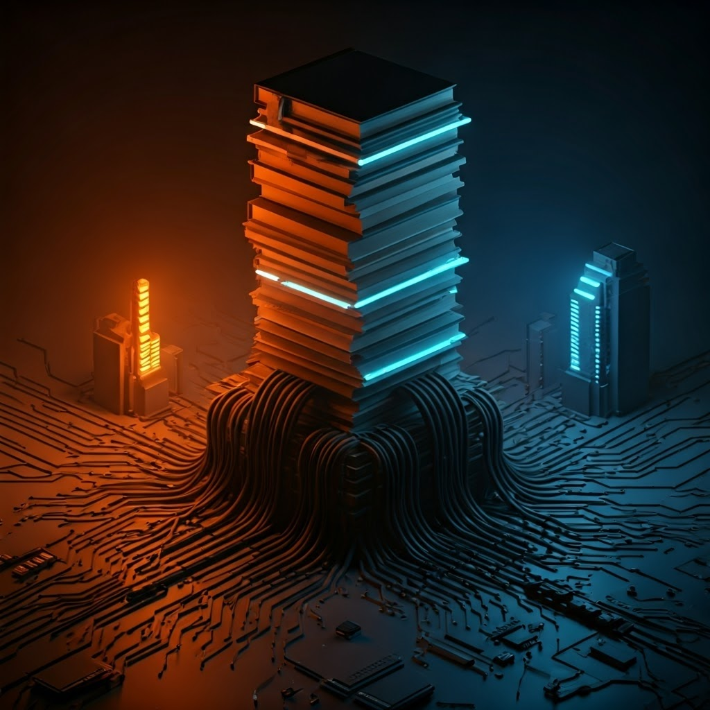 Towering stack of digital books rising from a microchip city, hinting at huge data and compute needs