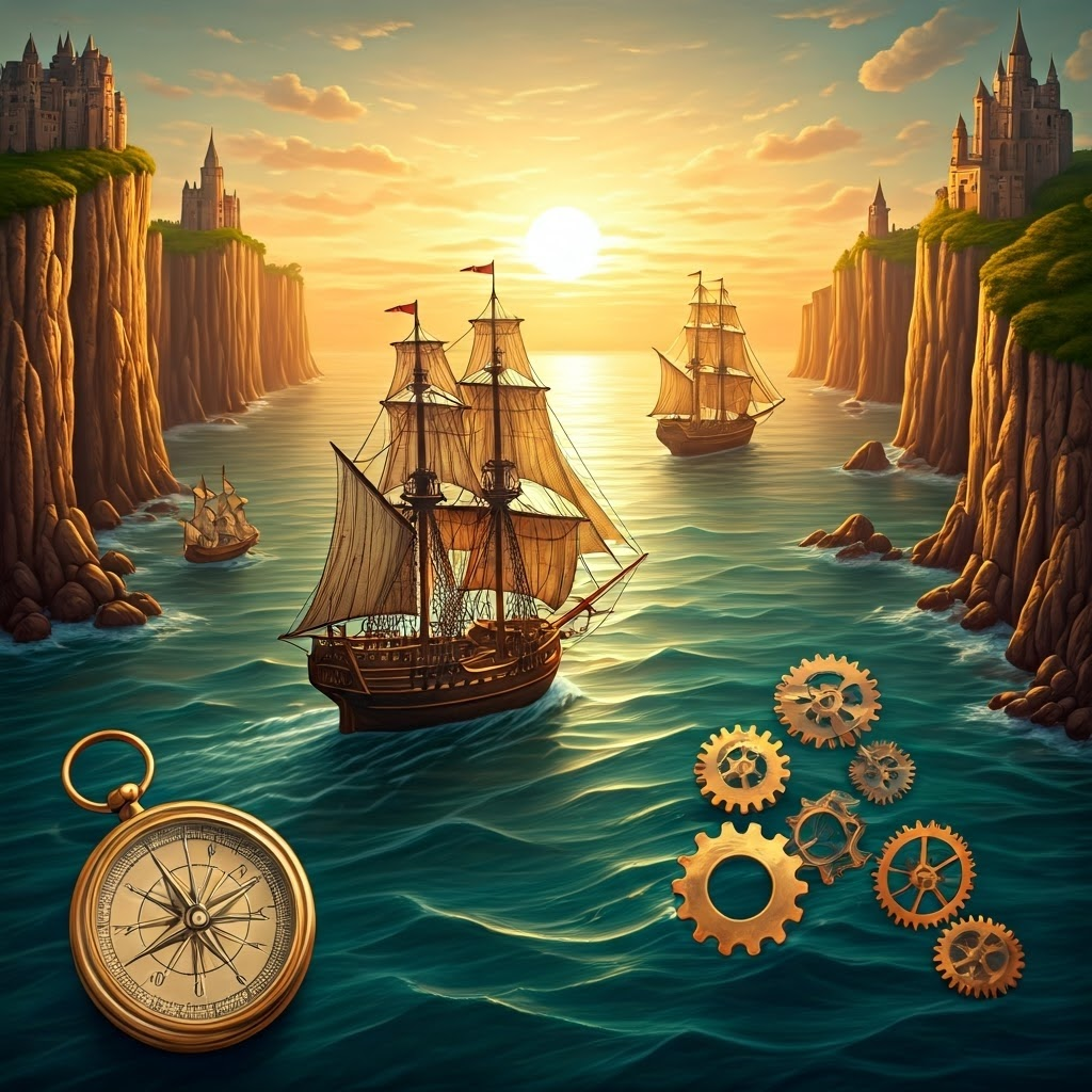 Miniature caravels glide across a dreamy steampunk map, gears and compasses floating beside them to show bold navigation and ambition.