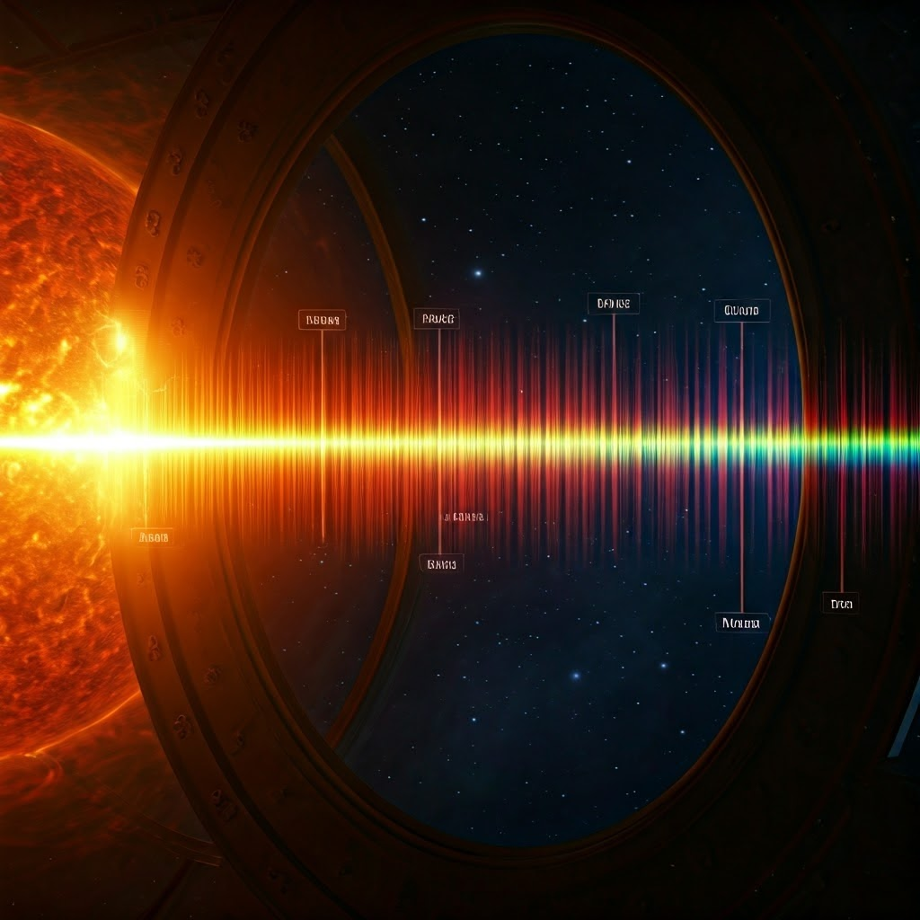 A glowing band of solar colors shows thin dark Fraunhofer lines labeled with element names