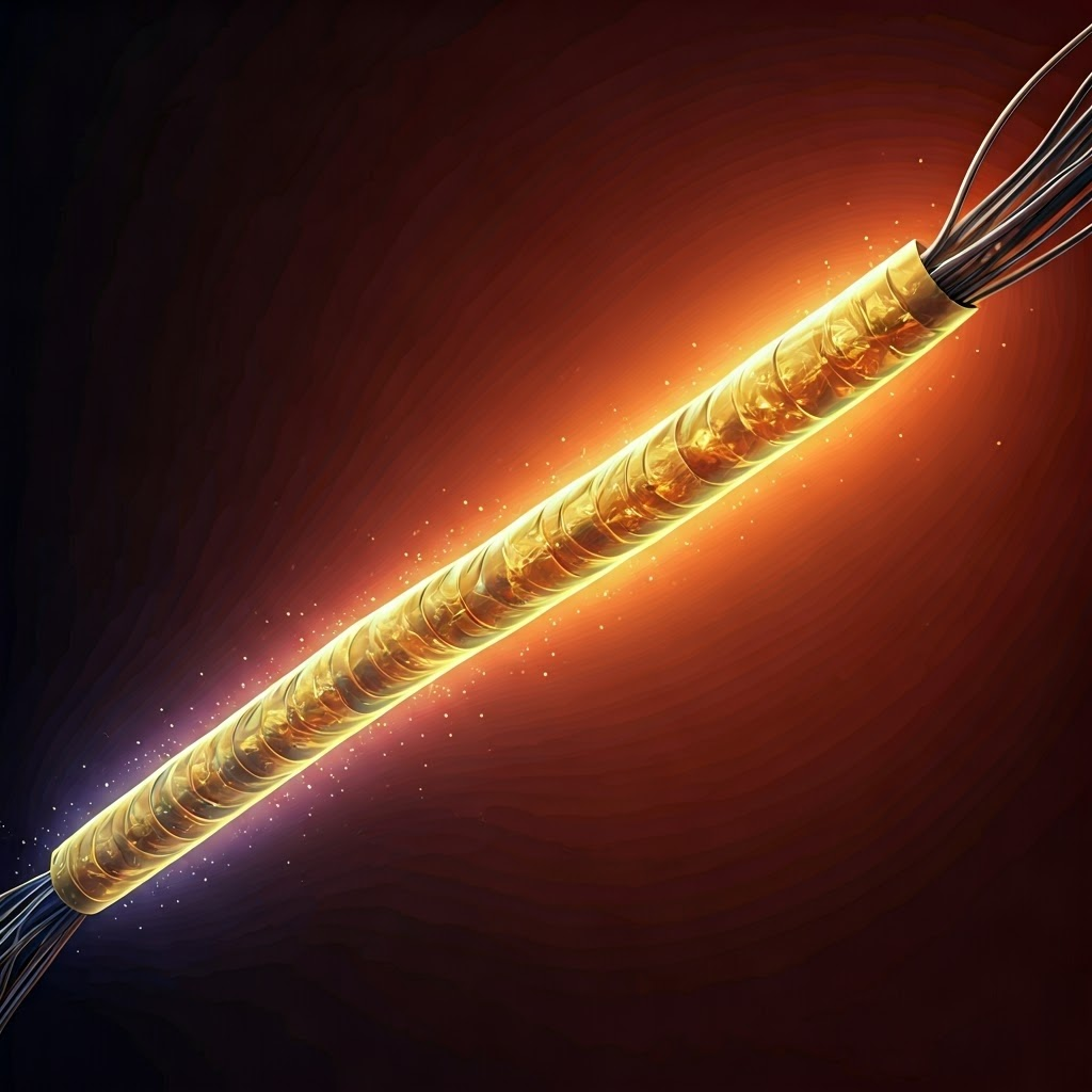 Elongated filament wrapped in gold myelin, tiny sparks flashing between gaps