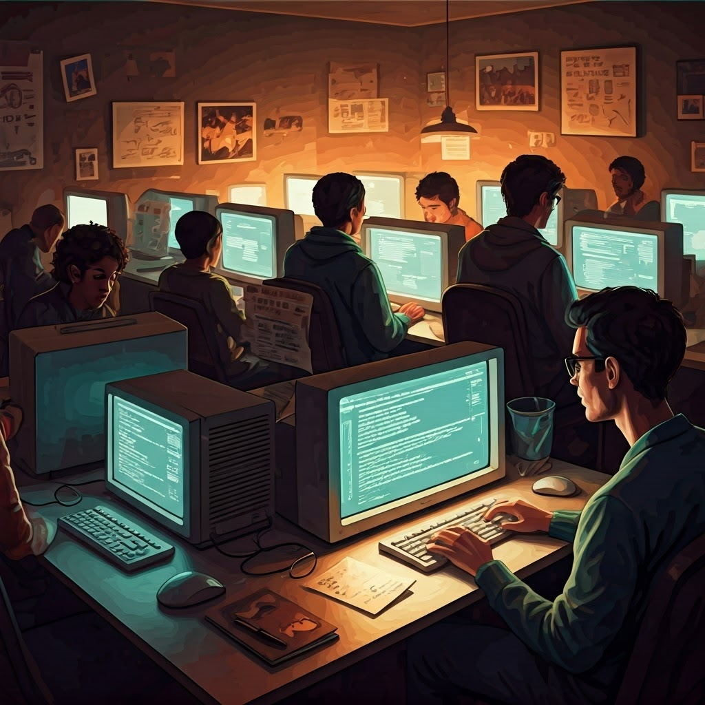 A bustling online community scene inside a dimly lit room filled with diverse activists typing at old-school computers, glowing screens showing text threads, protest photos pinned around. Some hold printed petitions, email newsletters swirling in neon trails. The mood is energetic and collaborative, with warm amber lighting casting dramatic shadows. The style is dystopian cyberpunk with painterly brush strokes and glitchy visual effects, capturing the raw grassroots energy of early internet activism.