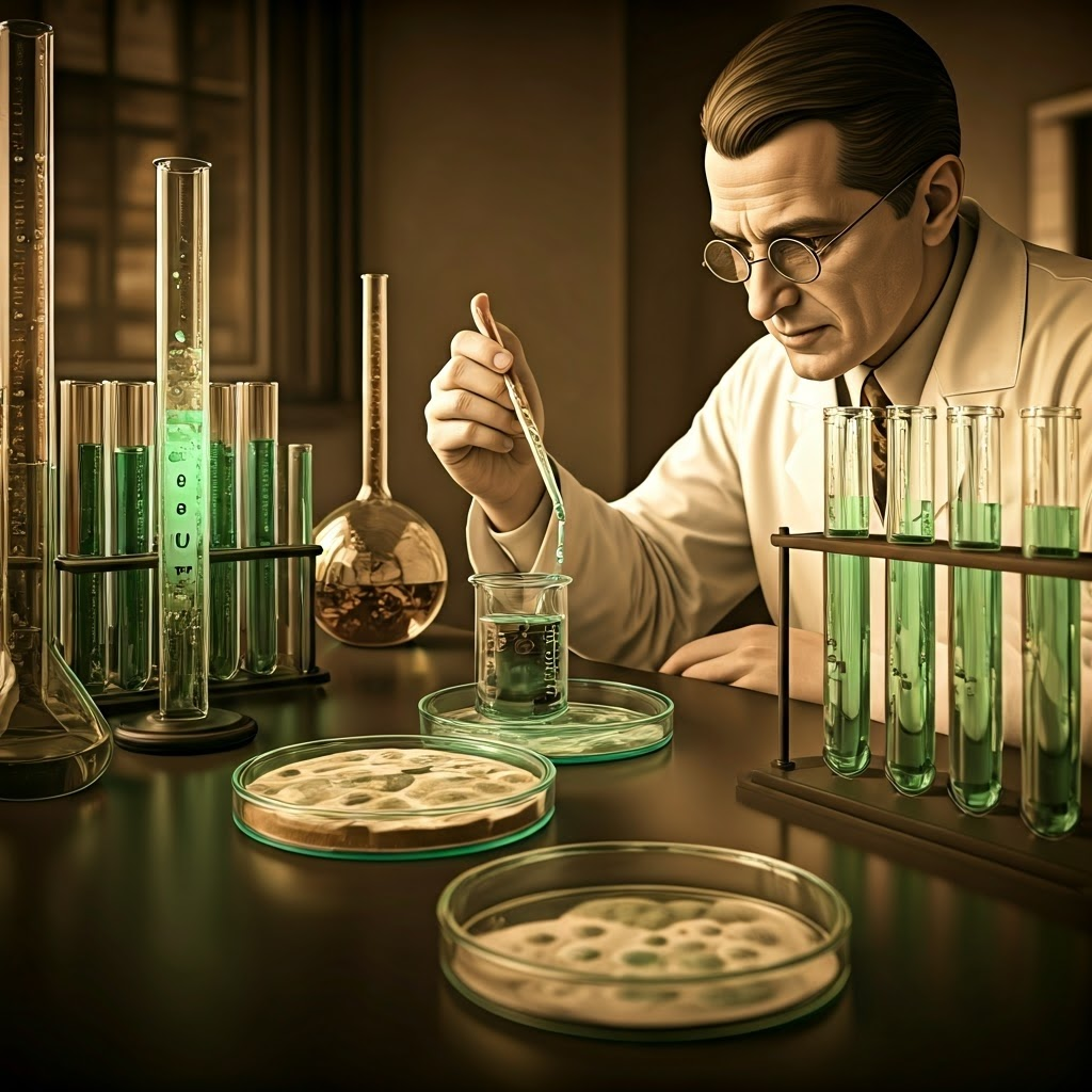 A sepia-toned lab bench with bread mold experiments that proved genes map to proteins.
