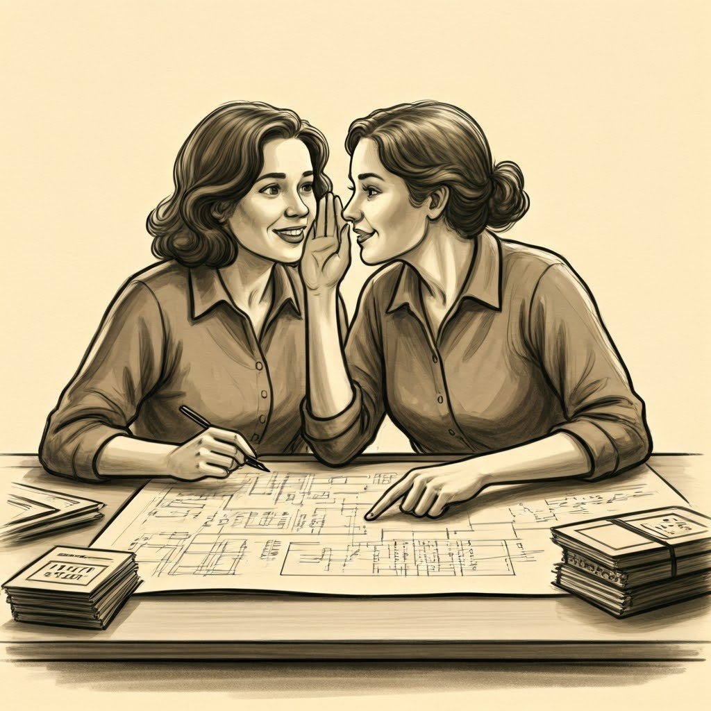 Two colleagues study circuit diagrams amid scattered punch cards, showing peer support during long nights.