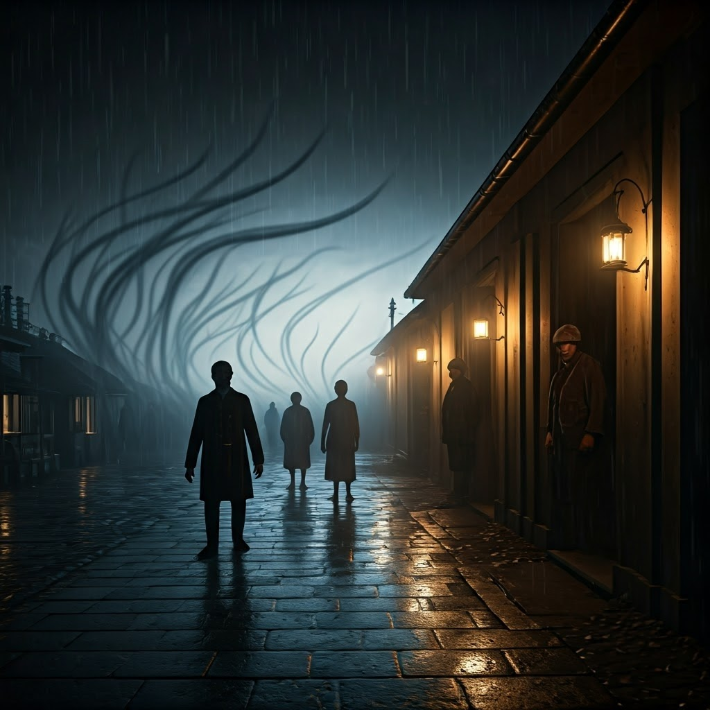 Colonial street at night with ghostly wisps representing smallpox and measles drifting from a clinic