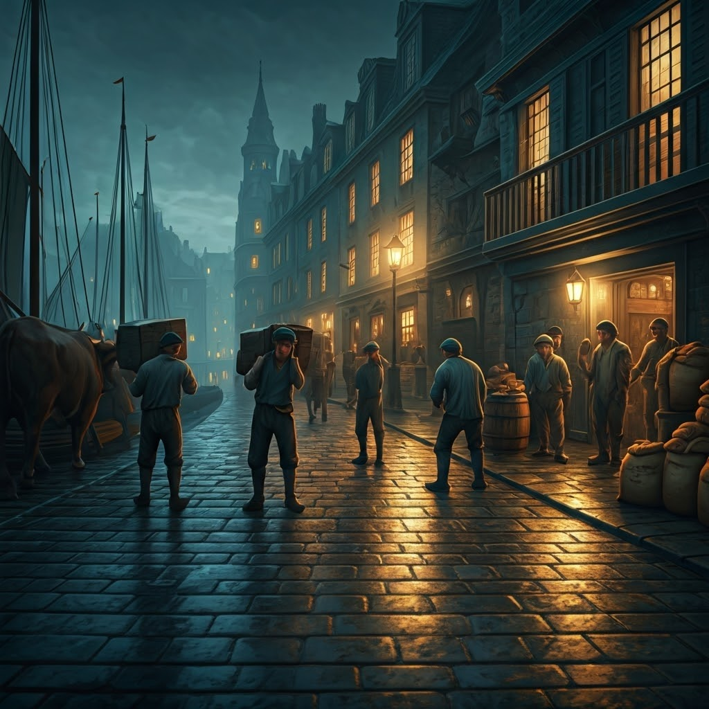 Twilight quay scene with porters, oxen, and weary sailors beside a rowdy tavern and sacks of cinnamon