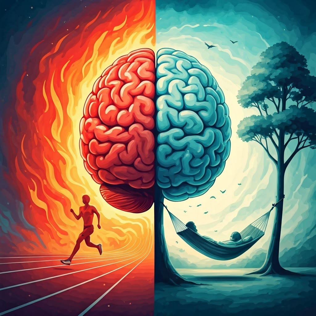 Watercolor brain split into energetic red runner and calm blue hammock scene, showing contrast between action and rest.