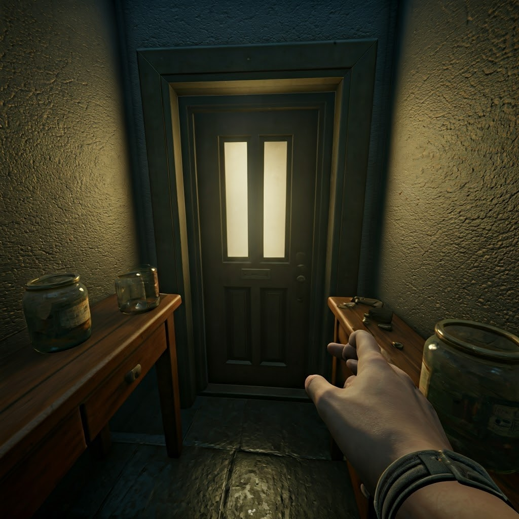 Player in a narrow virtual corridor reaches to open a life-size door while realistic shadows fall across nearby props