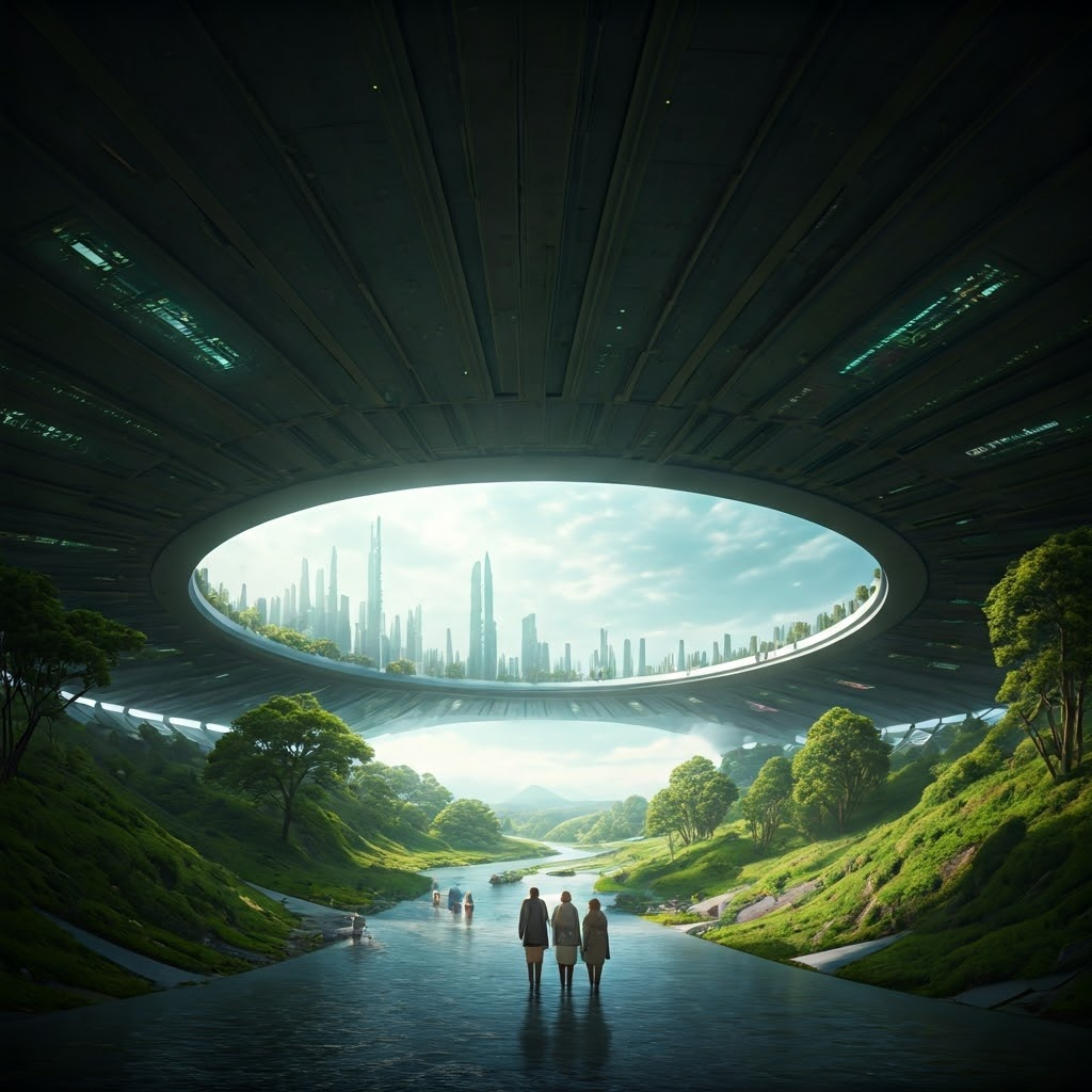 Interior panorama of lush O’Neill cylinder landscape under curved sky