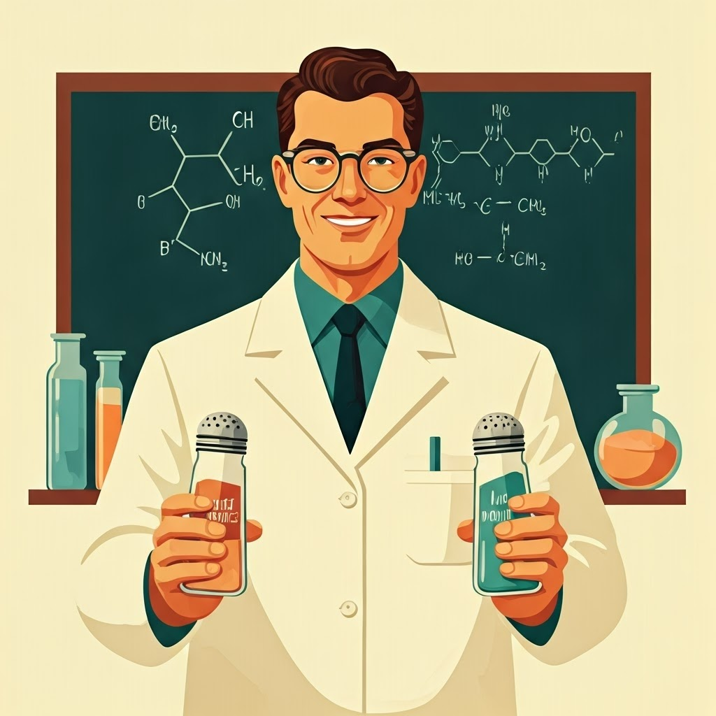 Retro 1950s poster of a smiling nutritionist holding shakers labeled Salt and Potassium, bright flat colors