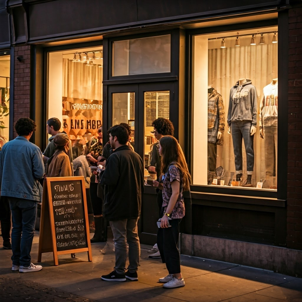 Warm street scene shows a cafe menu with plant-based dishes and climate labels, while shoppers browse an inclusive Pride collection nearby.