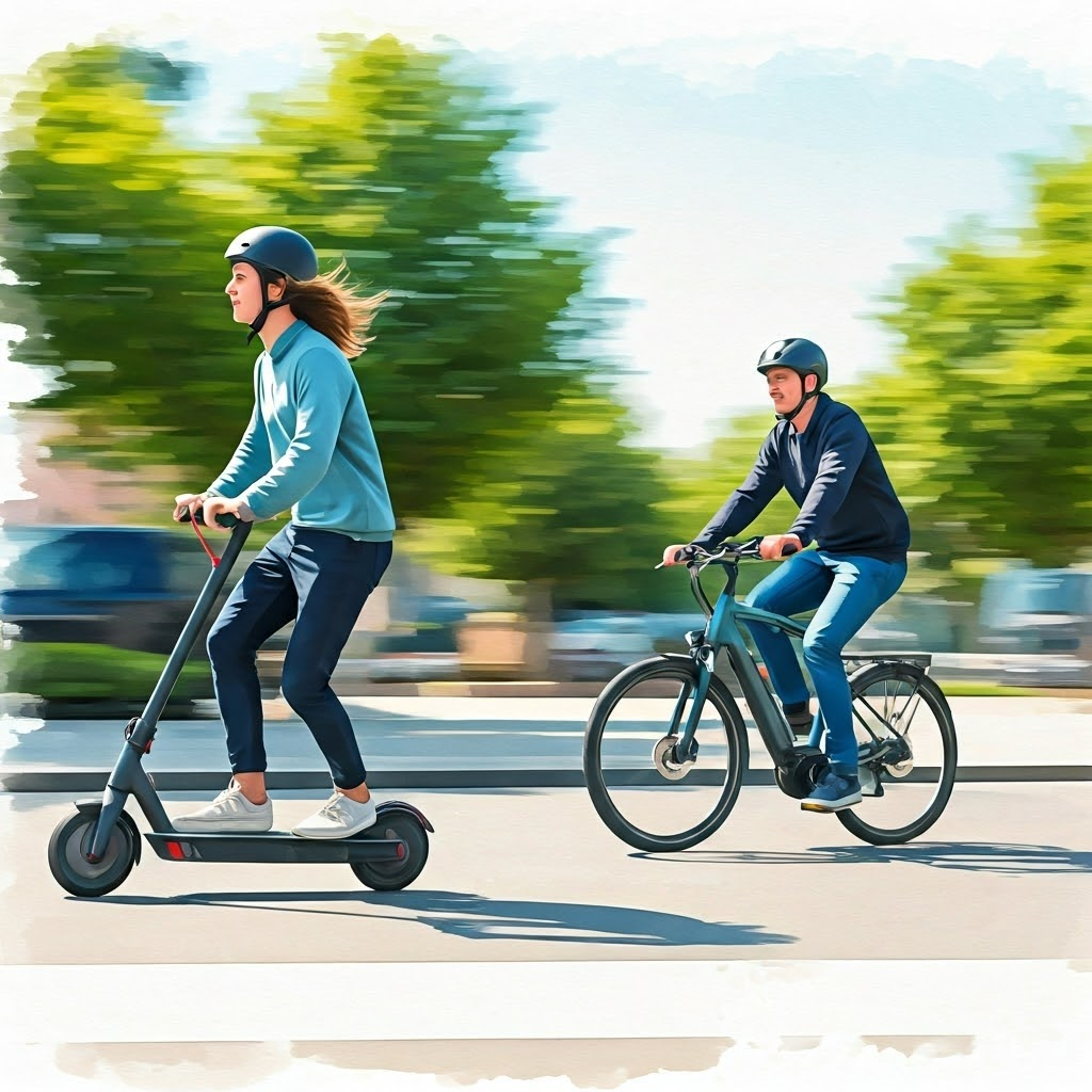 Side-by-side view of a rider on an e-scooter and another on an e-bike moving through a colorful city.
