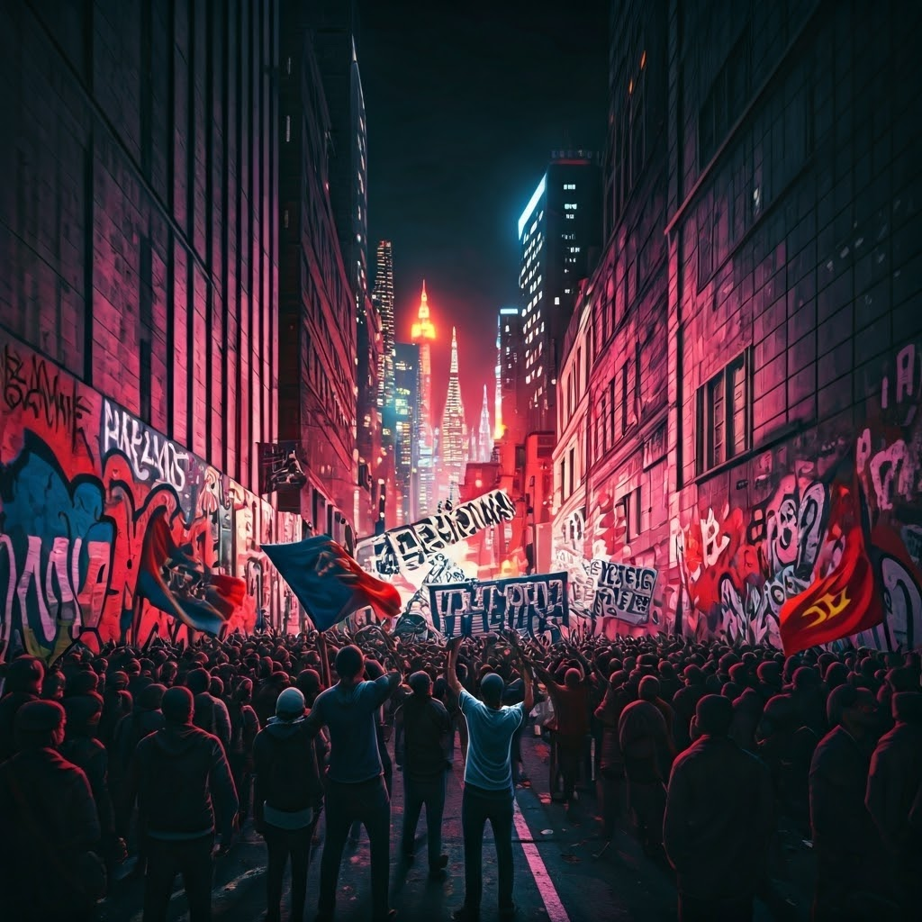 Urban walls covered with vibrant freedom murals, protesters waving flags under neon lights.