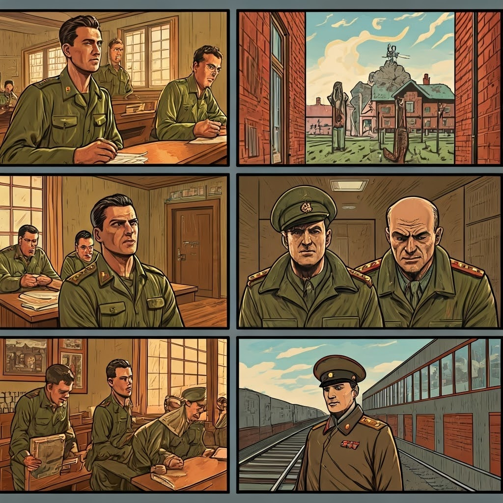 Graphic-novel panels show a veteran in college, buying a house, and being arrested by Soviet officers, contrasting outcomes.