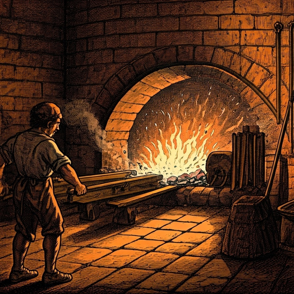 An ancient clay furnace glows as a worker pumps bellows, melting copper ore amid dancing sparks.