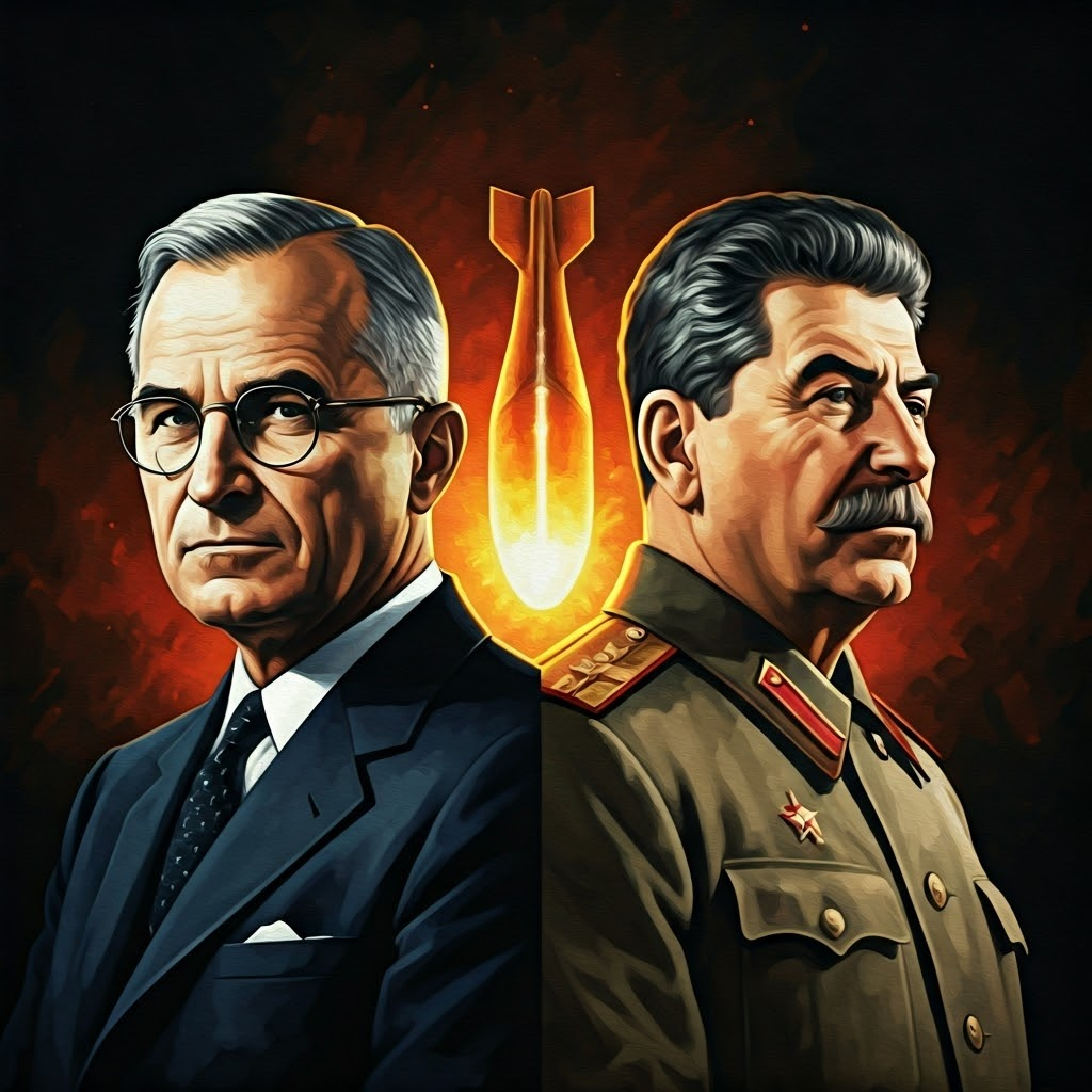 Portraits of Truman and Stalin divided by an atomic bomb outline, capturing escalating East-West tension.