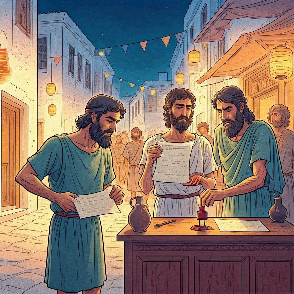 A magistrate validates a scroll while a hopeful citizen waits, showing strict parentage rules.
