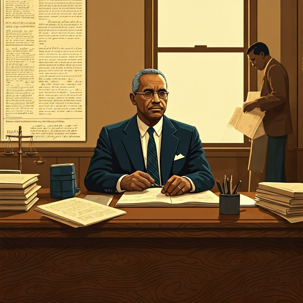 Thurgood Marshall works in a document-filled NAACP office, preparing legal strategies against segregation.