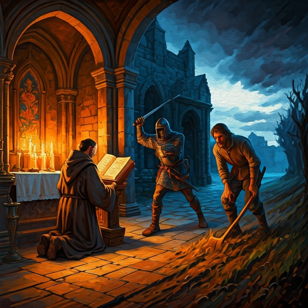 A monk kneels in a dim cloister, a knight trains at twilight, and a peasant plows under a stormy sky—each figure embodies prayer, protection, and labor.