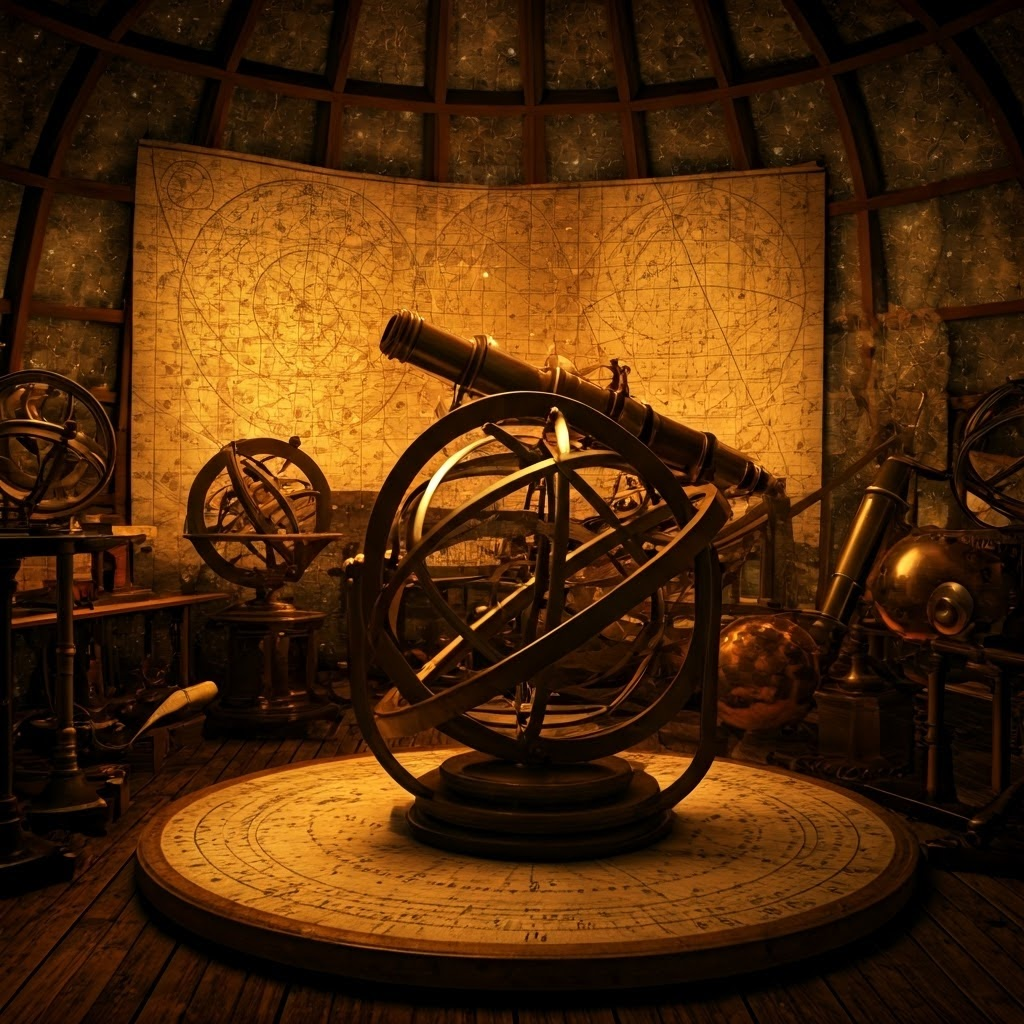 Steampunk observatory scene with ancient scholar analyzing the cosmos.