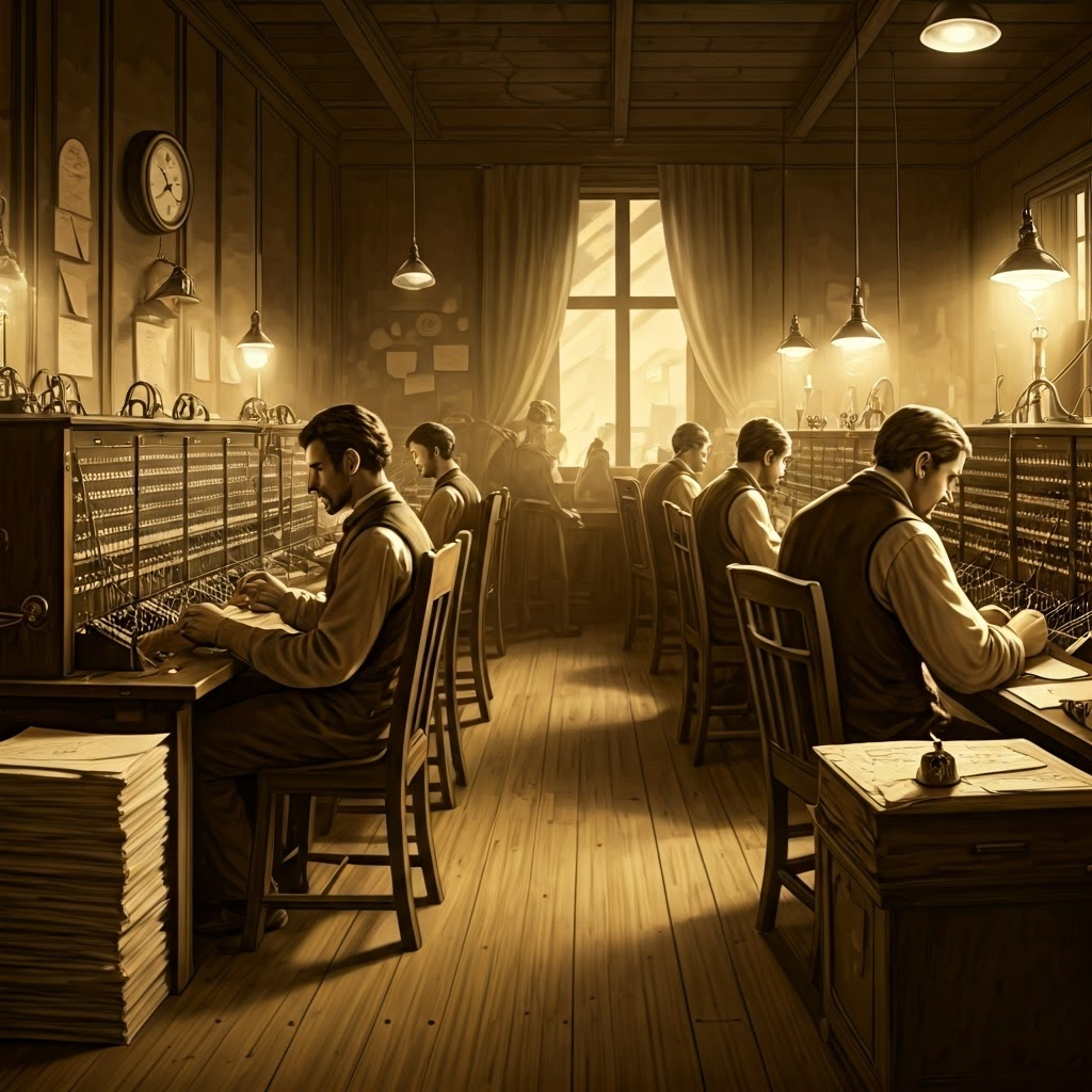 Bustling 1850s telegraph office where clerks transcribe rapid clicks onto paper tape under oil-lamp light