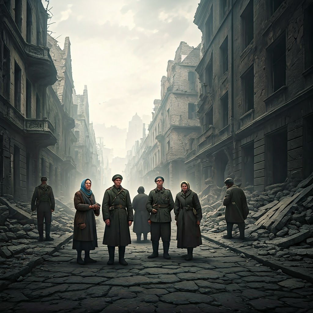 Civilians and soldiers in a shattered European street, May 1945, amid smoking rubble and new green shoots—hope rising from war’s ruins.