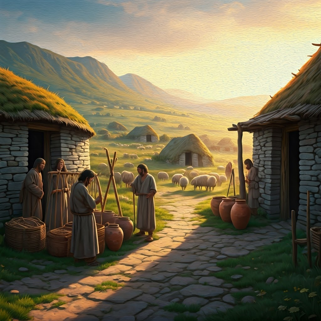 Panoramic Bronze Age village at dawn with farmers trading livestock and grain, illustrating early barter economy.