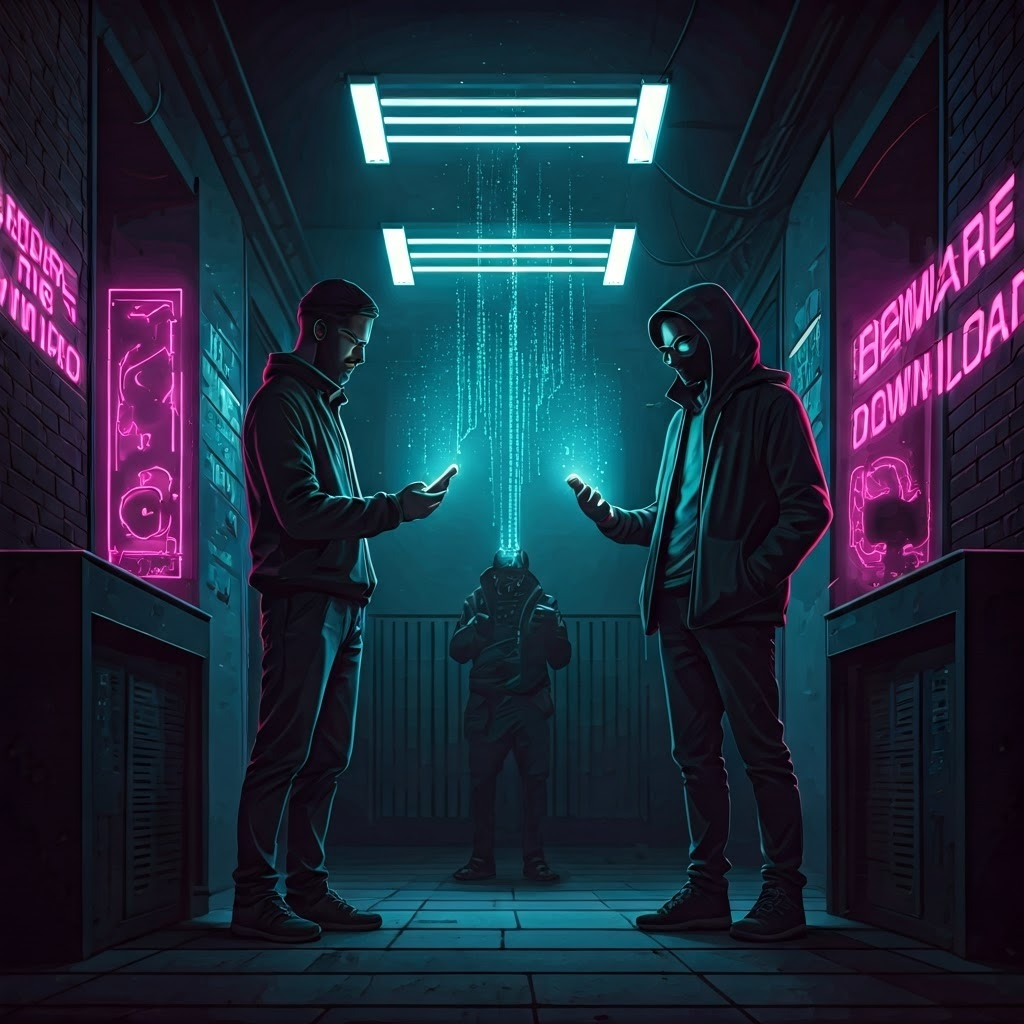 Shadowy traders swap hacked phones in a dim underground bazaar while neon graffiti warns of risky downloads.