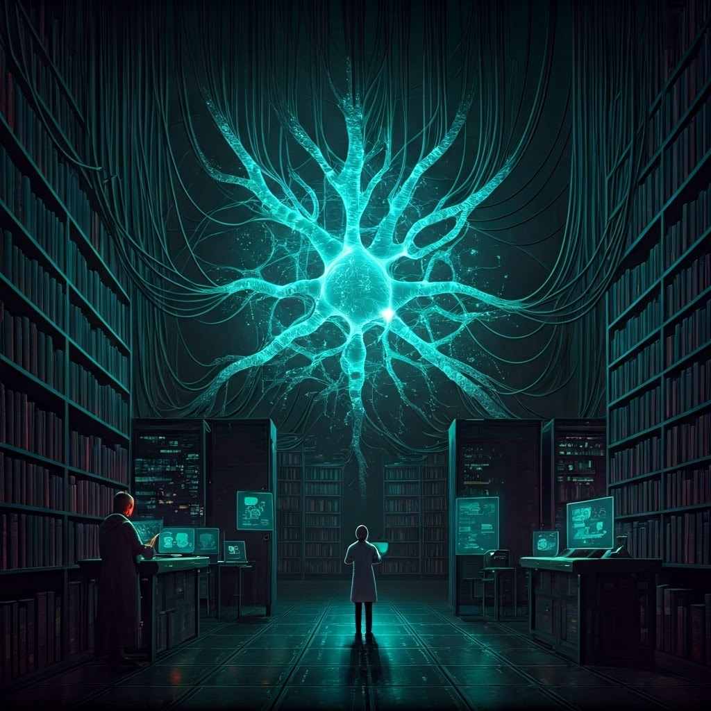 Futuristic neural network glowing in a cyberpunk data hall while a scientist monitors holographic screens, symbolizing advanced AI research