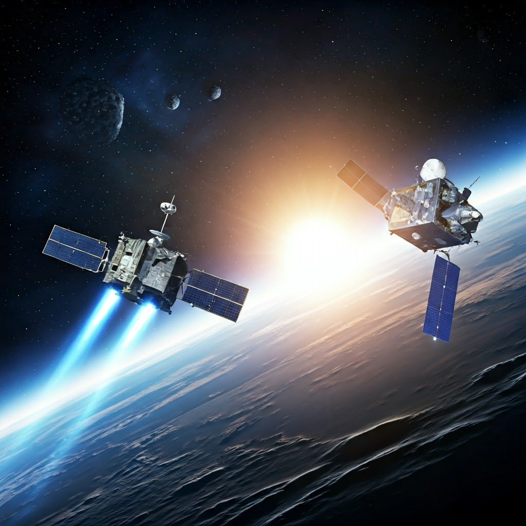 A split-scene view shows the Dawn probe near an asteroid and BepiColombo approaching Mercury, both leaving soft blue ion trails